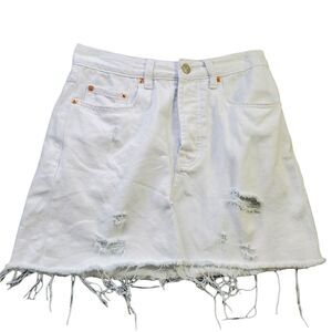 Signature8 White Button Fly Distressed Mini Short Skirt Small Pockets